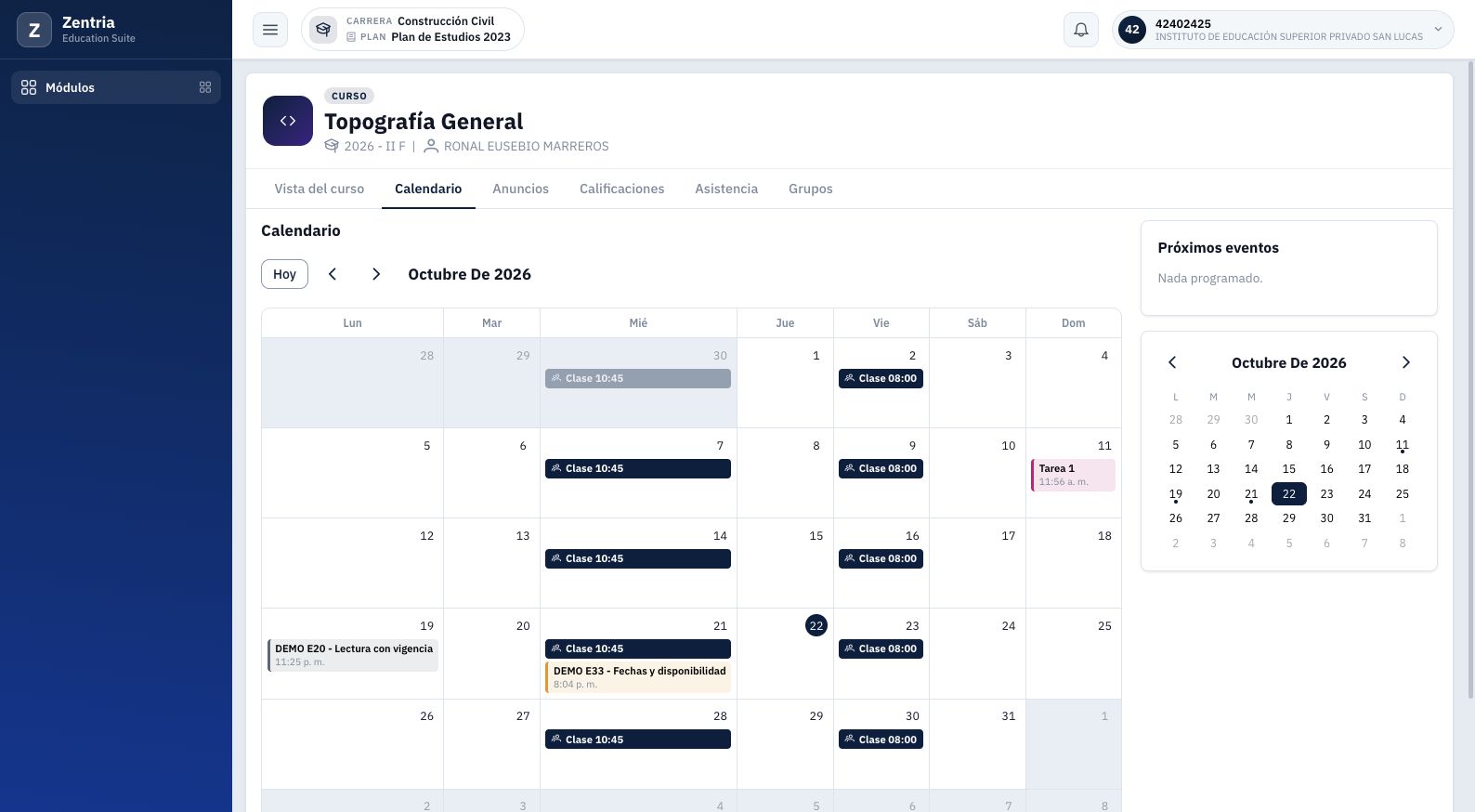 Calendario alumno de octubre: vencimientos y clases semanales coinciden con la cuenta docente.