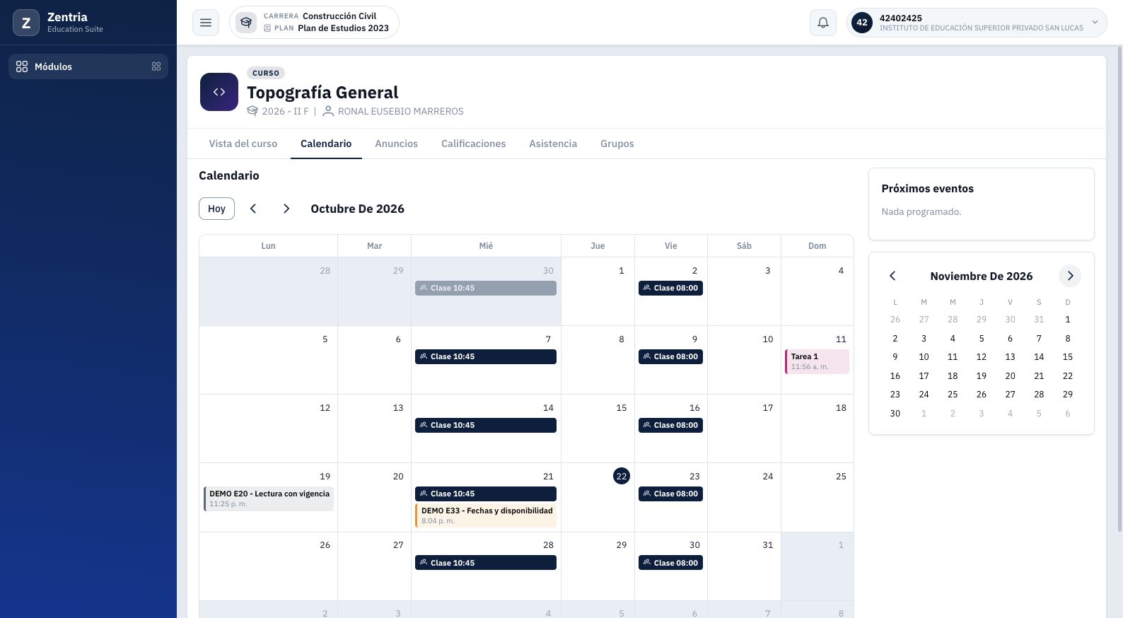 Minicalendario en noviembre mientras el calendario principal sigue en octubre; los controles son independientes.