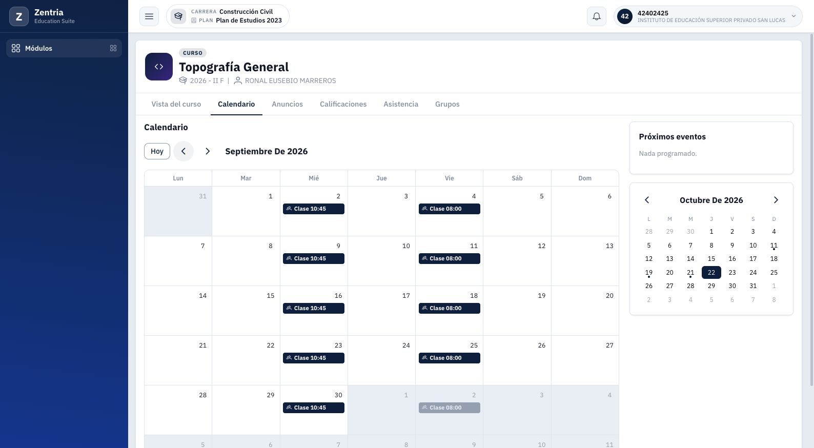 Septiembre en el calendario principal, con días vecinos atenuados; revise siempre mes y año.