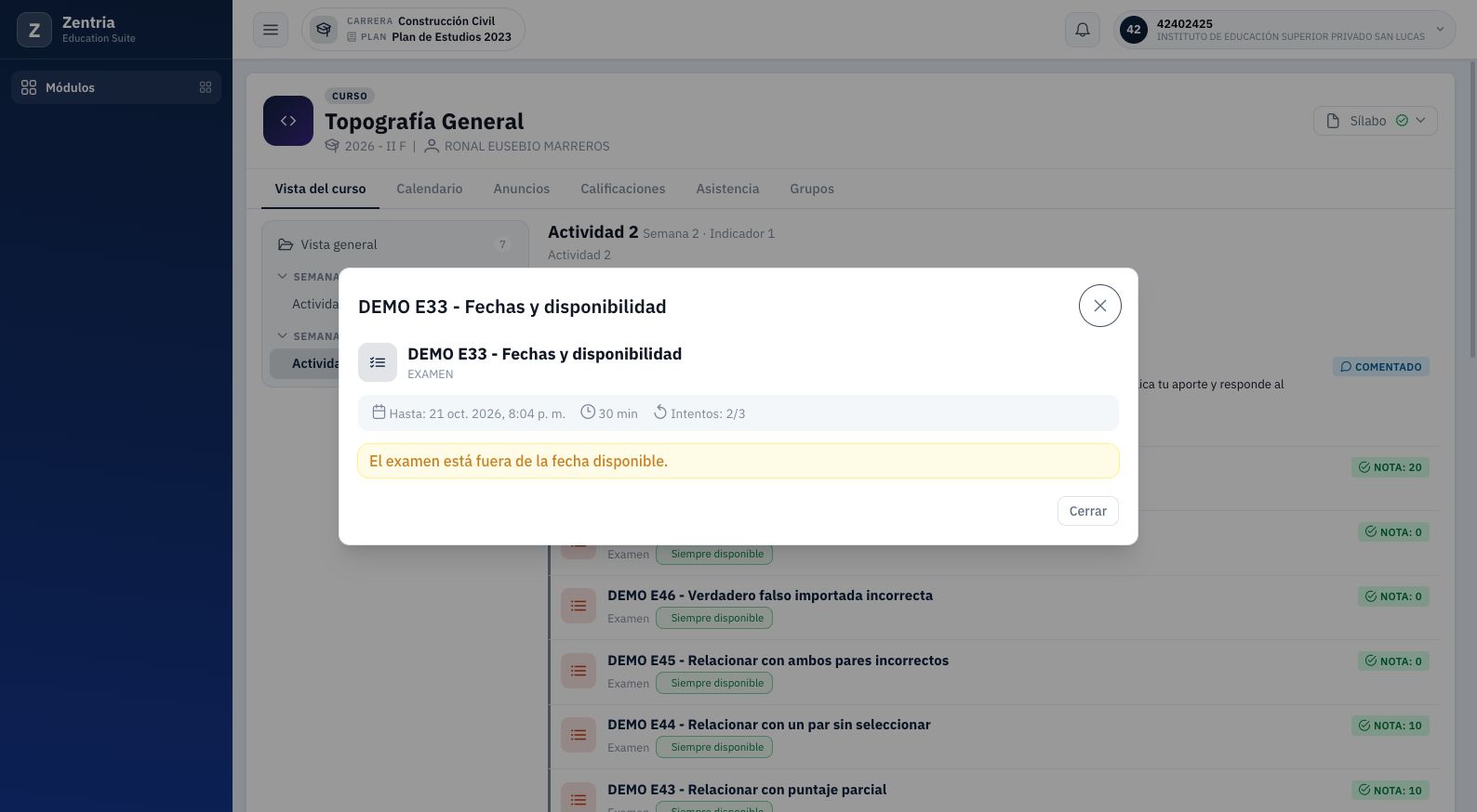 Evento E33 abierto desde alumno: ficha fuera de plazo con fecha límite e intentos conservados.