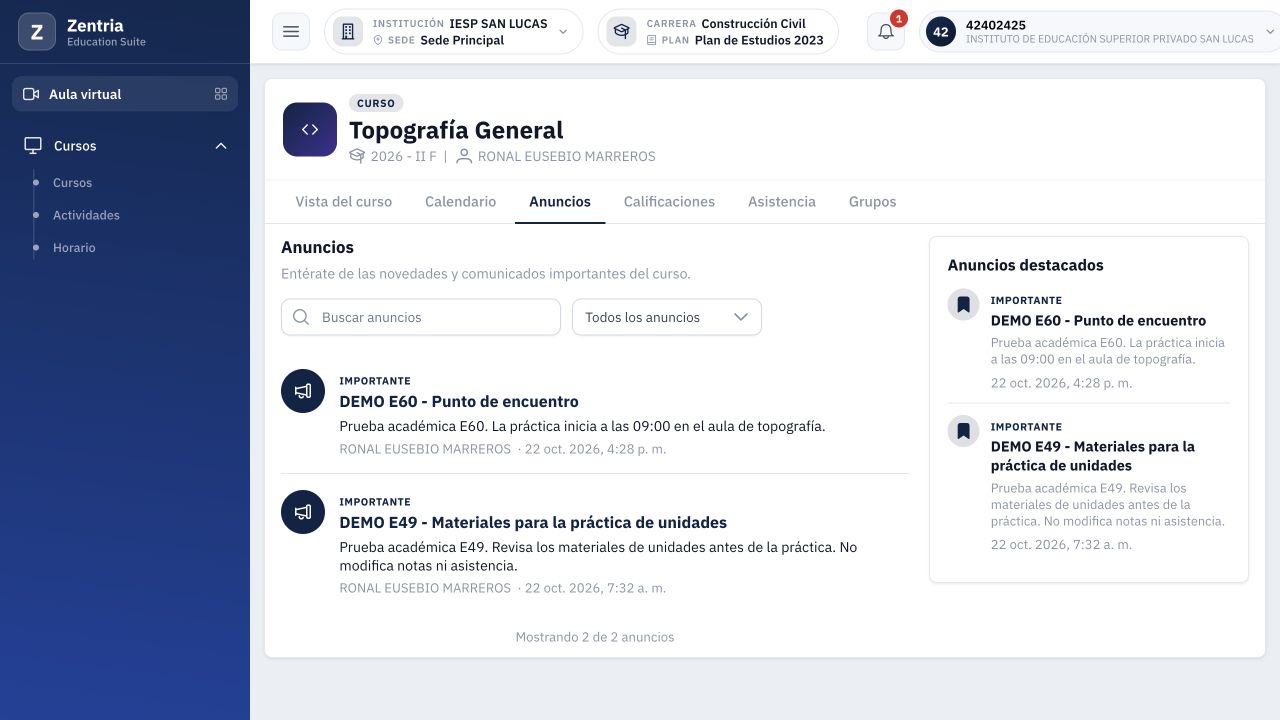 Consulta inicial alumno: aviso E60 con hora 09:00, lugar original y distintivo Importante.