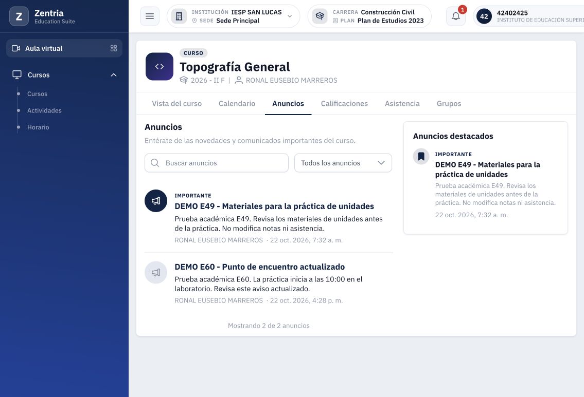 Alumno después de los cambios: título actualizado, hora 10:00 y laboratorio; aviso visible sin destacar.
