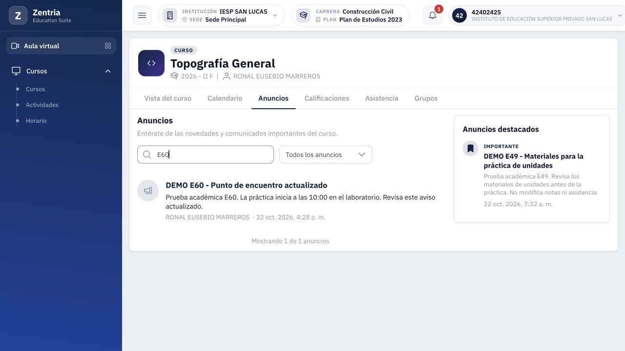 Alumno tras recarga: búsqueda E60 con un resultado y texto corregido persistente.