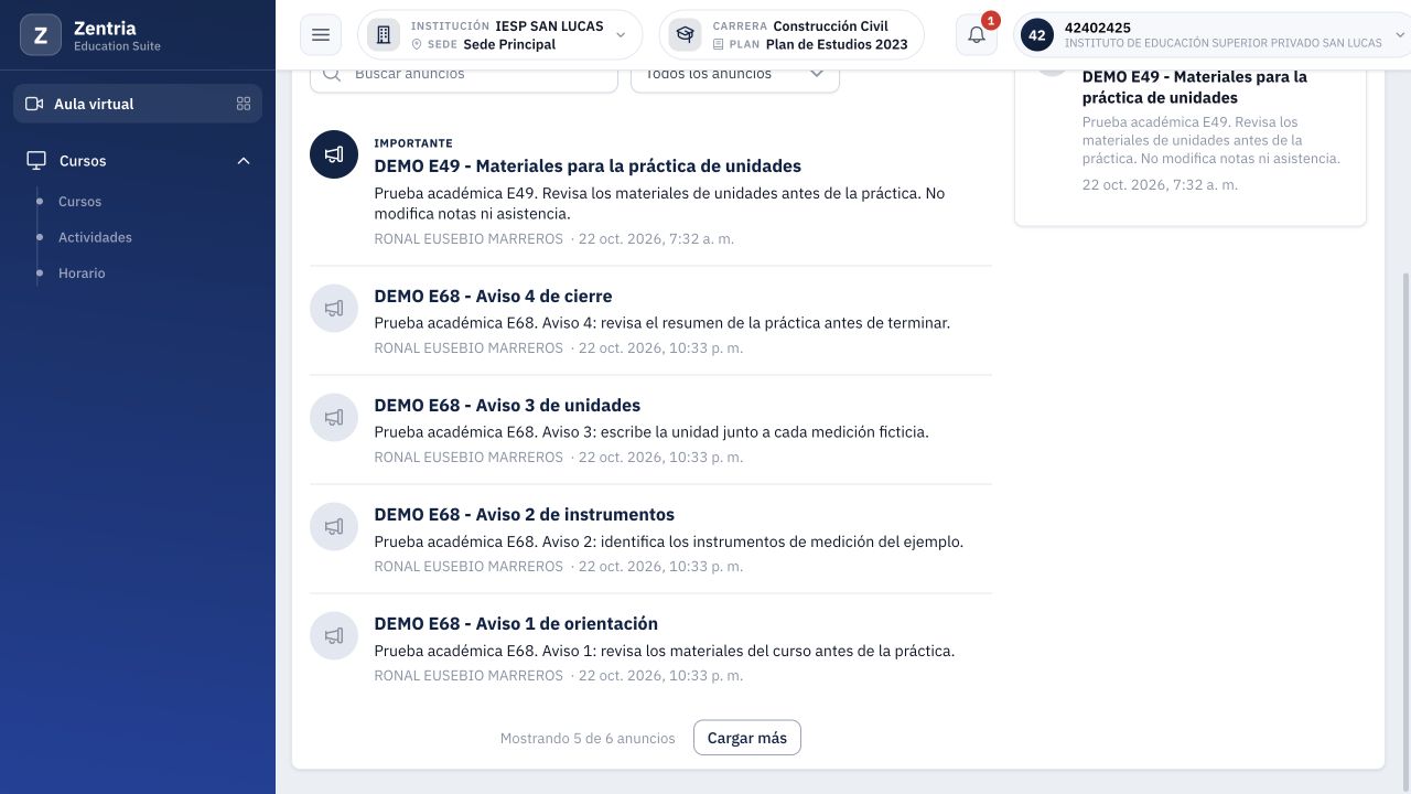 Alumno: cinco avisos iniciales y Cargar más, con un total de seis publicados.