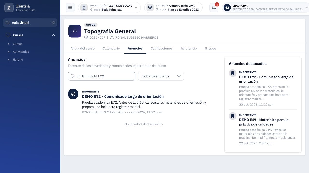 La búsqueda por la frase final encuentra el aviso E72, manteniendo el resumen recortado.
