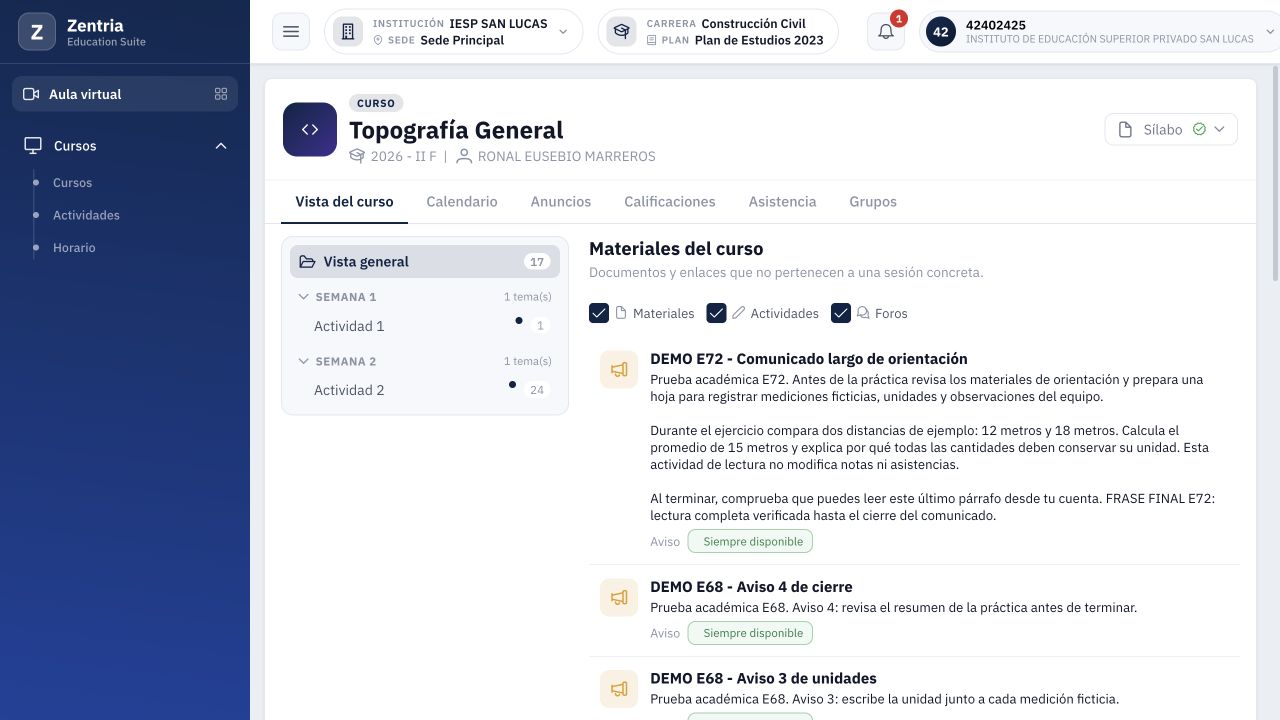 Vista general alumno tras recarga: los tres párrafos de E72 y su frase final se leen completos.