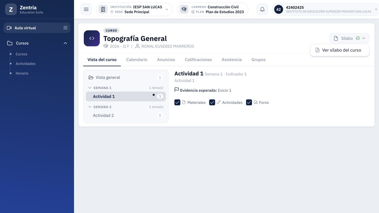 Menú del alumno antes de publicar el complementario: Ver sílabo del curso disponible.