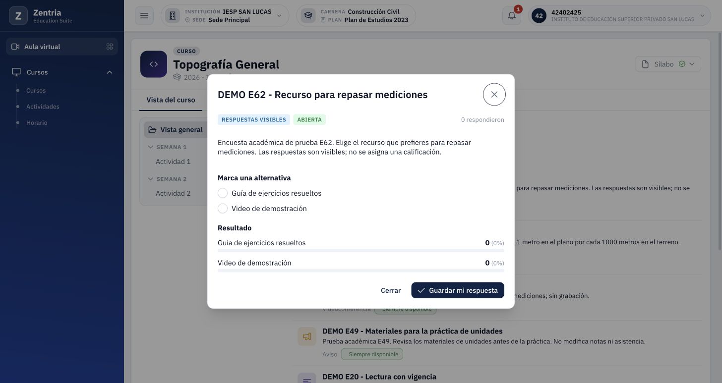 Encuesta abierta sin respuestas: dos opciones y botón Guardar mi respuesta.