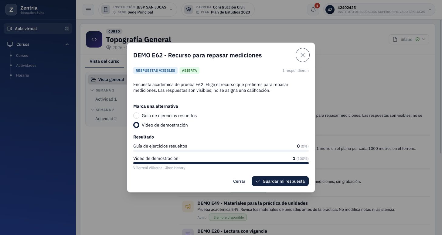Elección persistente después de recargar y volver a abrir la encuesta.
