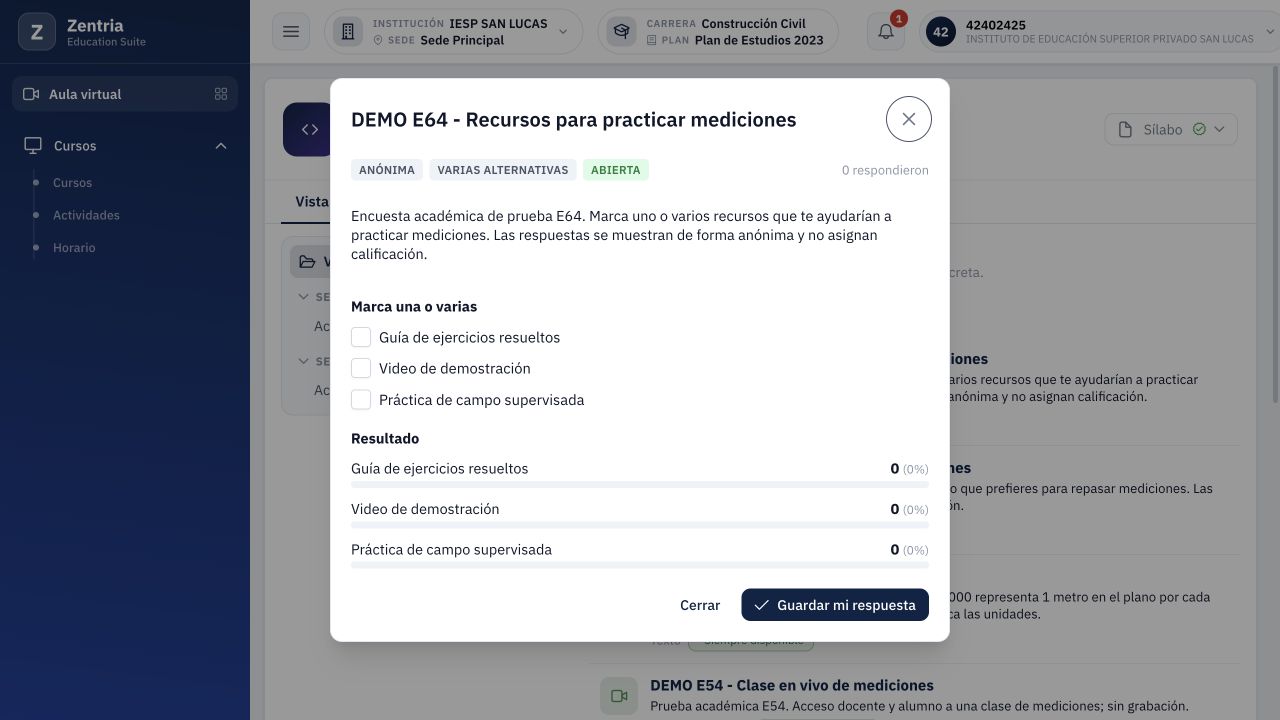 E64 abierta desde alumno: Anónima, Varias alternativas, tres casillas y cero respuestas.