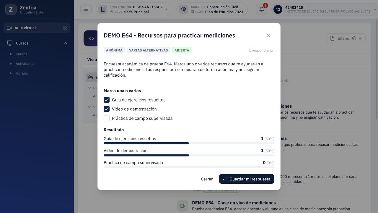 Dos opciones guardadas: un participante, dos votos distribuidos al 50 % y ausencia de nombres en los resultados.