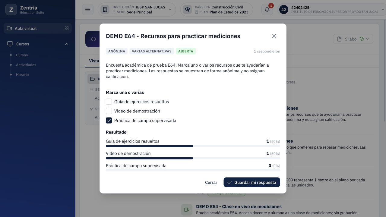 Cambio todavía sin guardar: solo práctica marcada, con los resultados anteriores de guía y video aún al 50 %.
