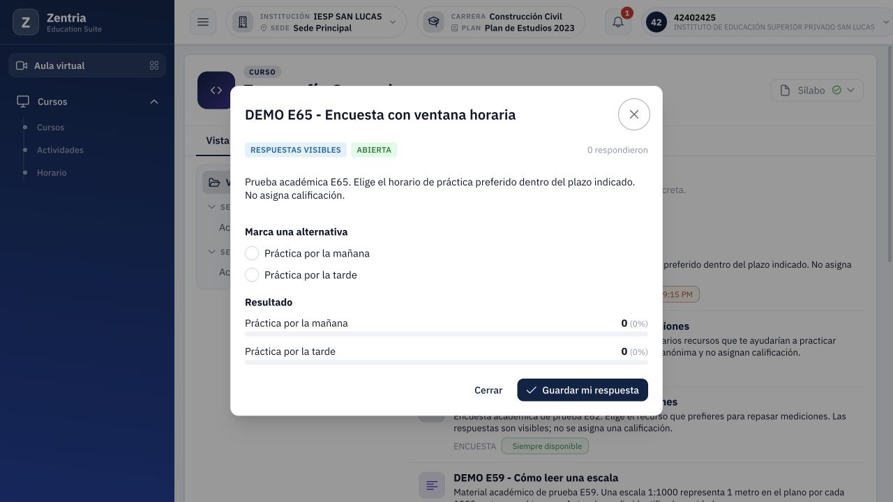 Dentro del plazo, E65 muestra ABIERTA y habilita alternativas y Guardar mi respuesta.