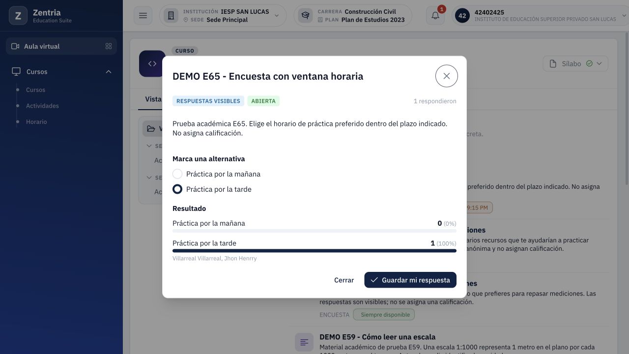 Después de guardar y recargar: tarde seleccionada, un participante y un voto al 100 %.