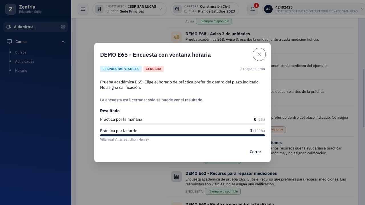 Alumno: E65 volvió al listado, pero sigue Cerrada por sus fechas vencidas y solo permite consultar resultados.