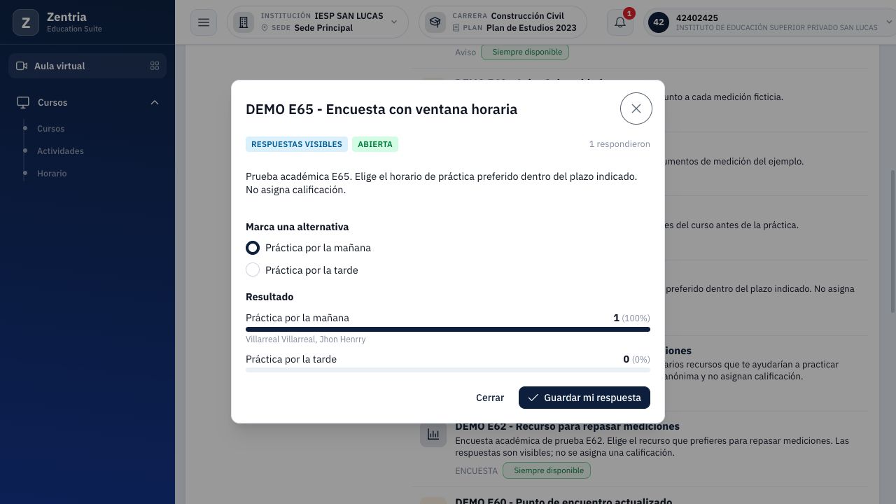 Alumno después de recargar: mañana seleccionada, un participante y resultado 1 (100 %) frente a 0 (0 %).