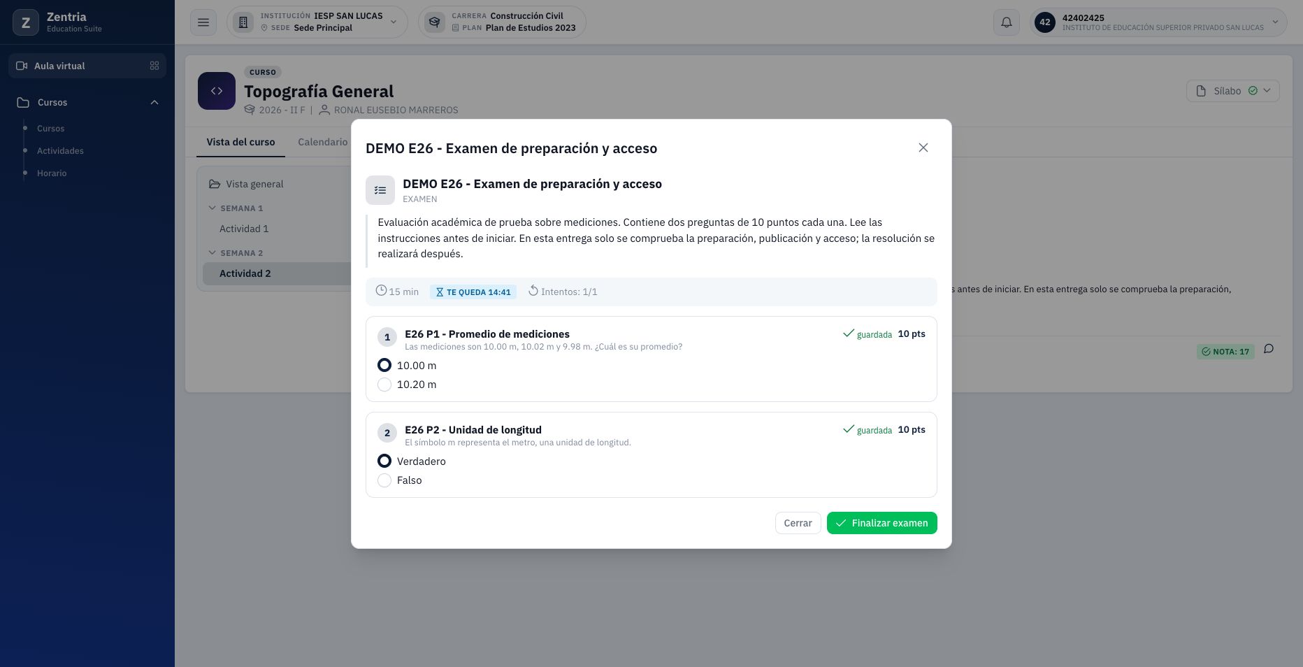 Las dos selecciones marcadas muestran guardada; todavía no se ha enviado la finalización.
