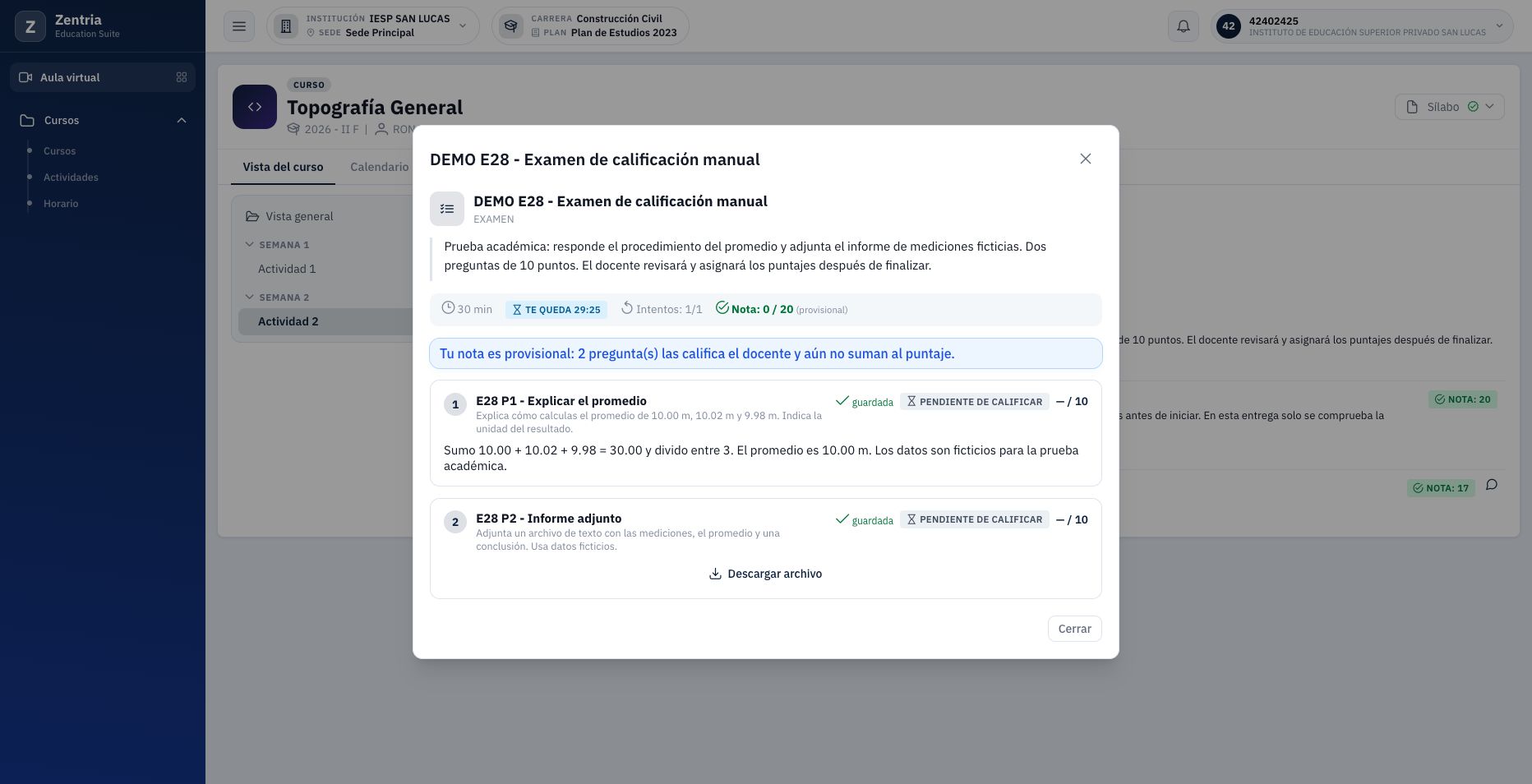 Examen finalizado con 0/20 provisional y dos preguntas pendientes: falta la revisión manual.