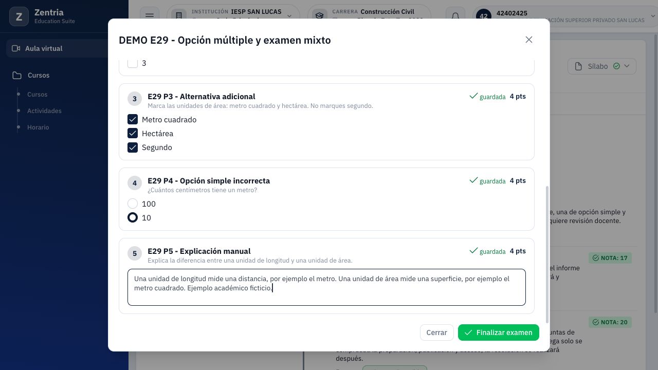 Respuestas del ensayo antes de finalizar: alternativa extra, opción simple incorrecta y texto libre guardado.