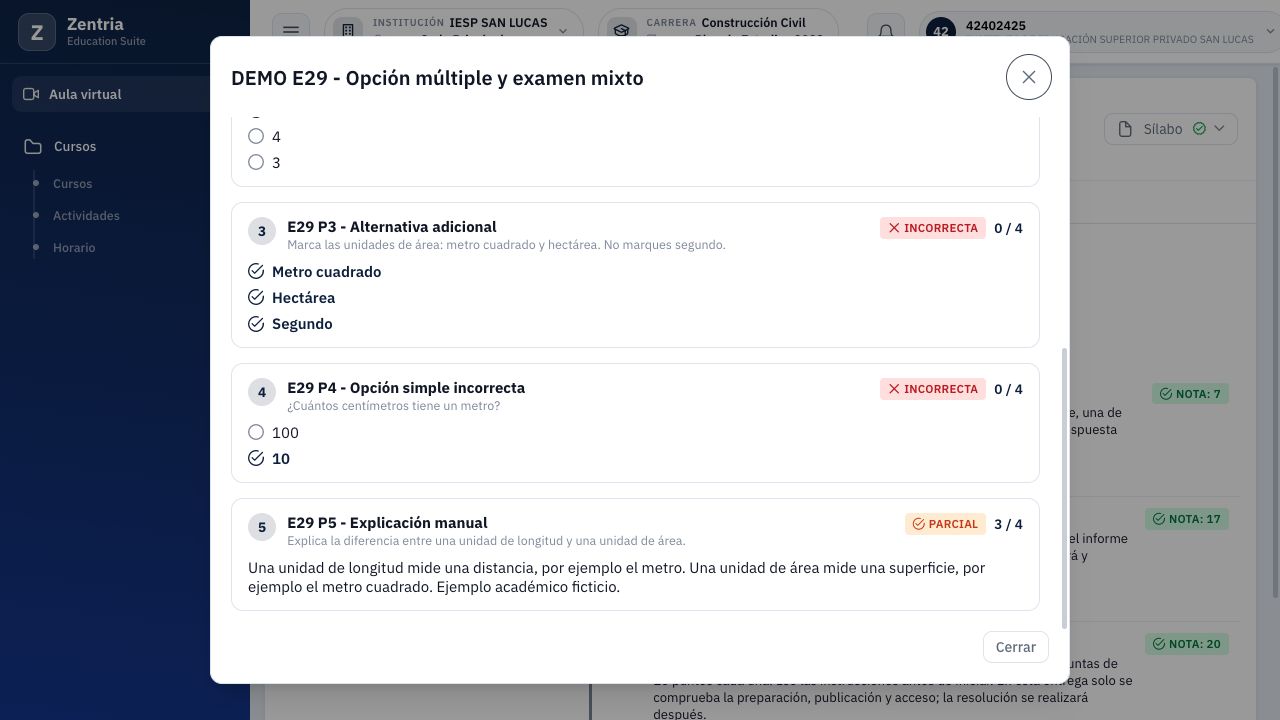 Detalle final: los errores automáticos conservan cero y el texto ya está evaluado como Parcial 3/4.