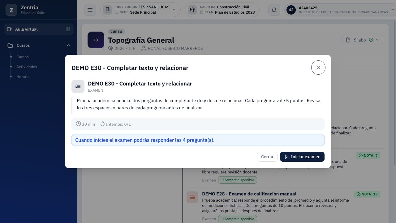 Pantalla previa de E30: cuatro preguntas y un intento con treinta minutos disponibles.