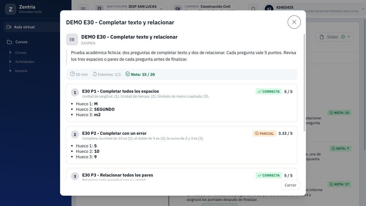 Tras recargar, el alumno mantiene quince puntos y el crédito parcial del texto.