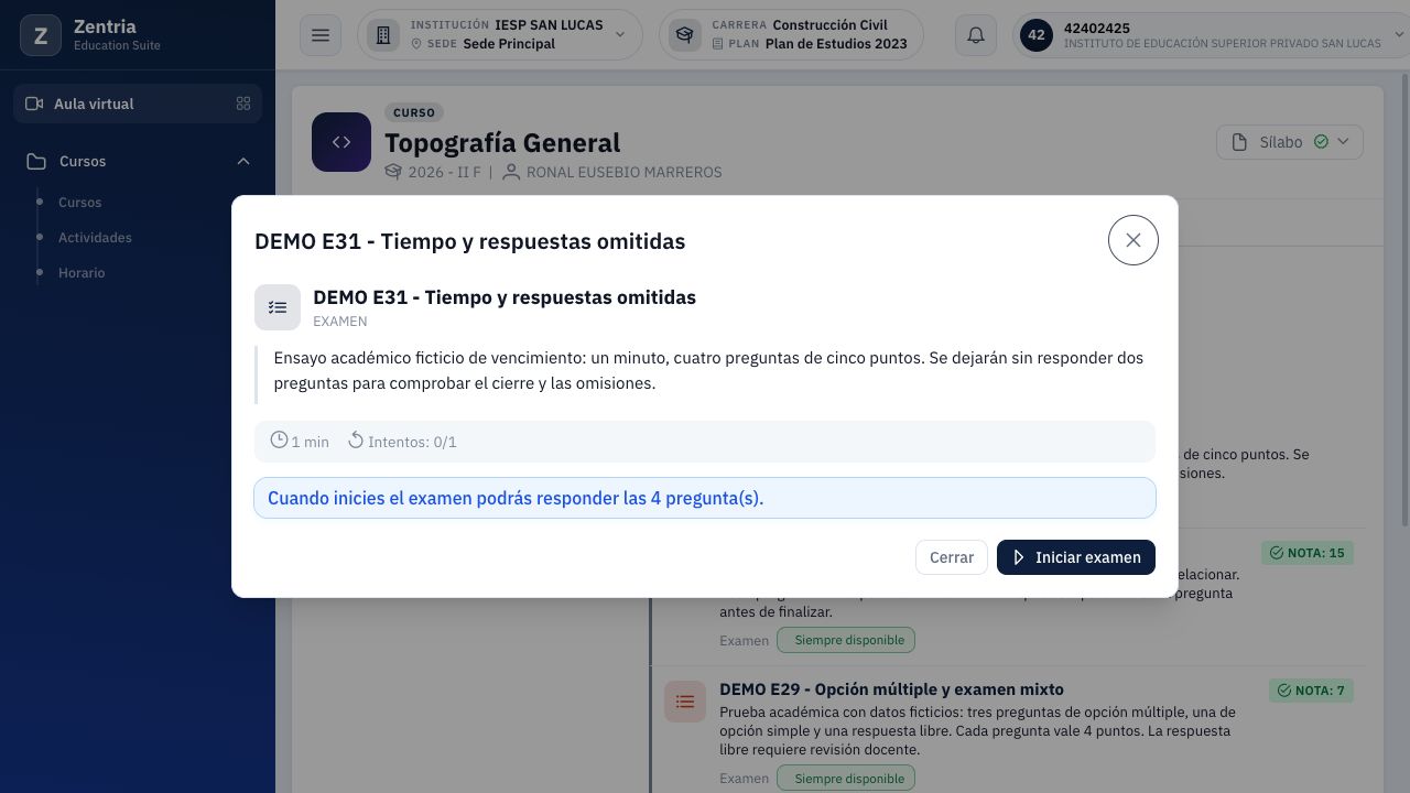 Pantalla previa del examen de un minuto, antes de consumir el único intento.