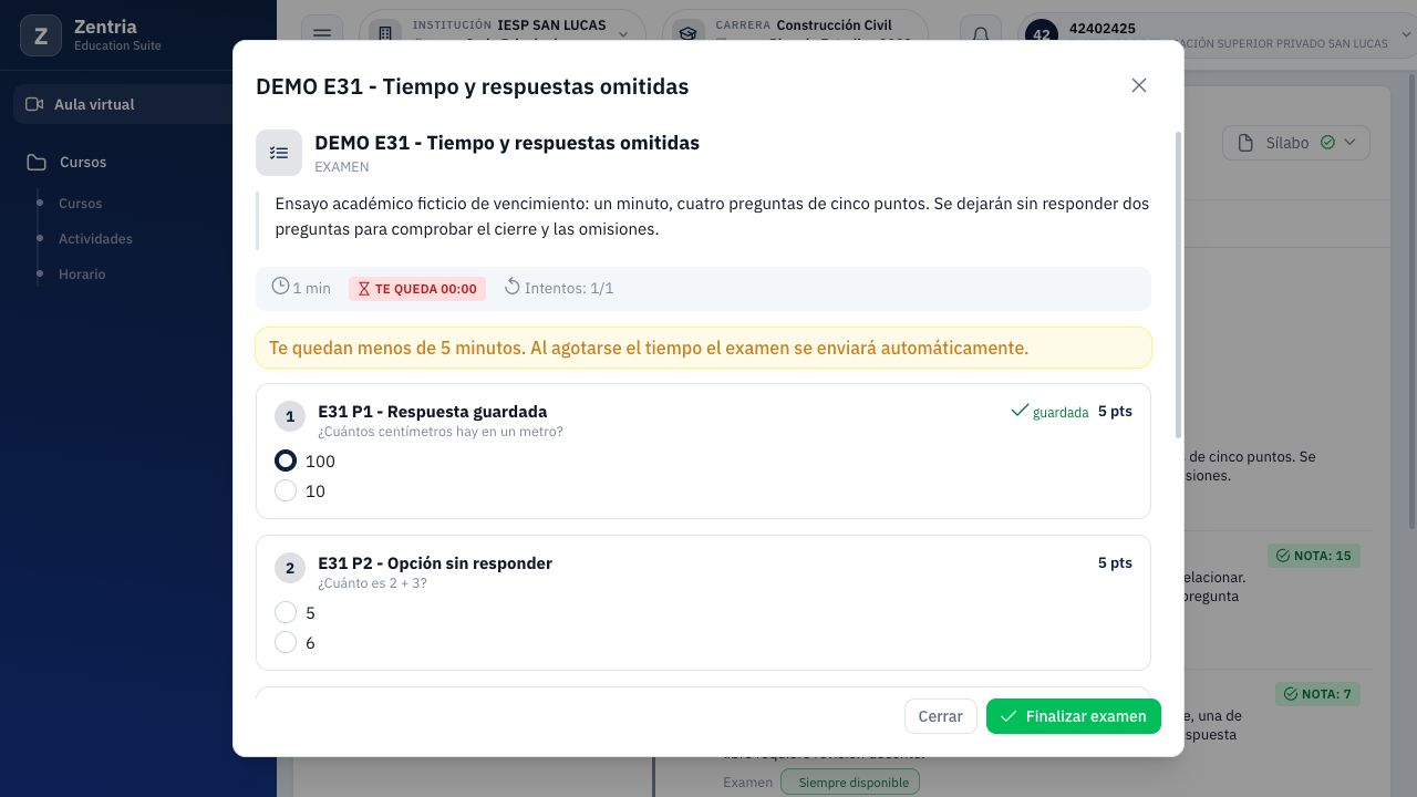 Incidencia al vencer: 00:00 no confirmó la finalización; todavía aparecen controles editables y no hay nota.