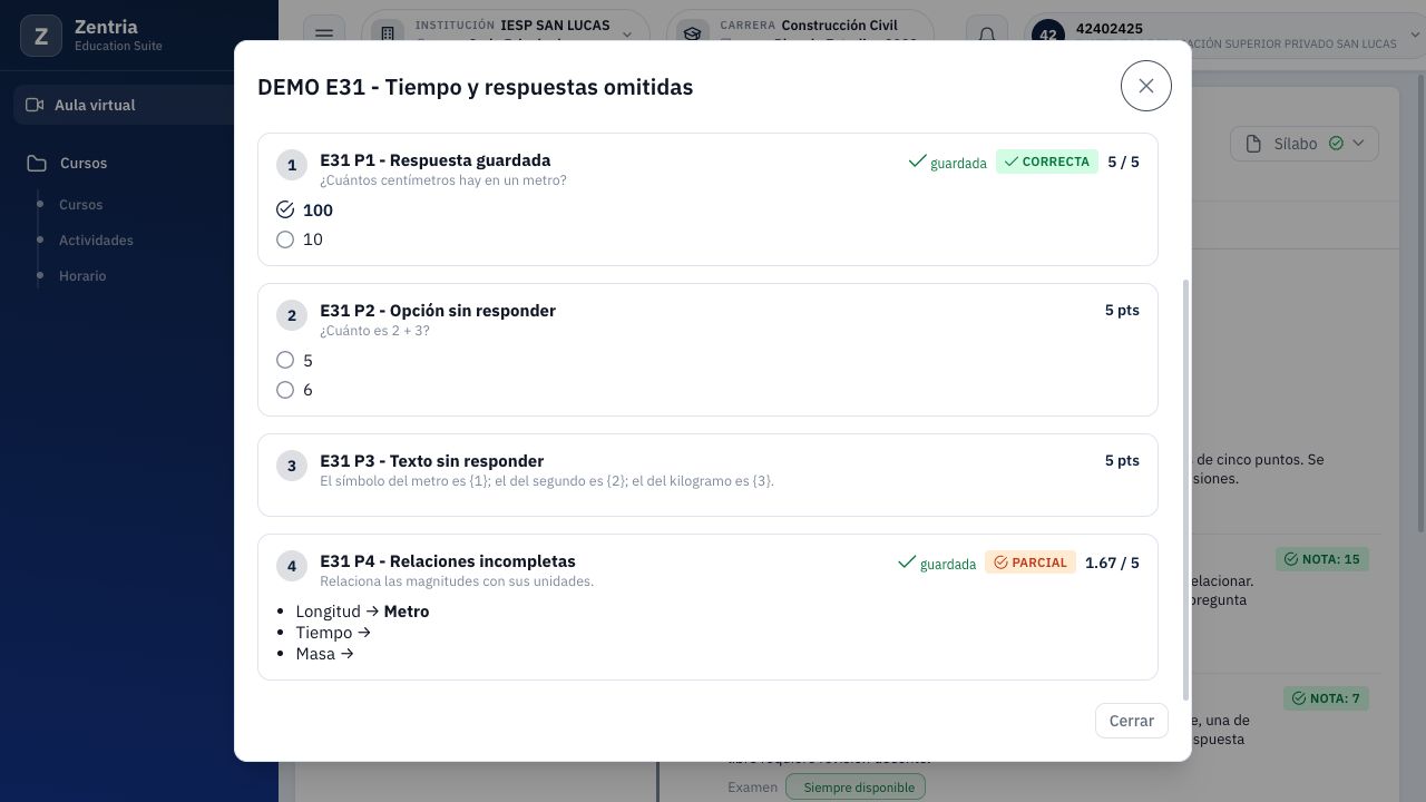 Presentación de omisiones en alumno: las preguntas sin respuesta conservan el máximo indicado; las relaciones muestran solo la pareja contestada.