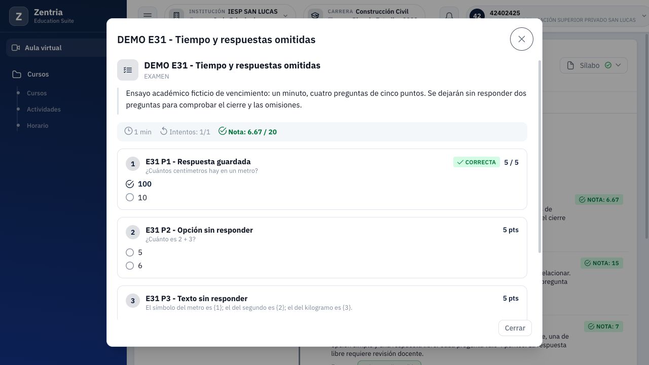 Después de reabrir y recargar: nota 6.67/20 persistente, sin otro intento disponible.