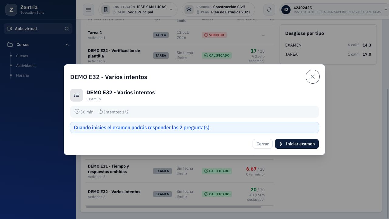 Después del primer intento: queda uno disponible; la nota veinte se ve en la tabla del fondo, no en este diálogo.