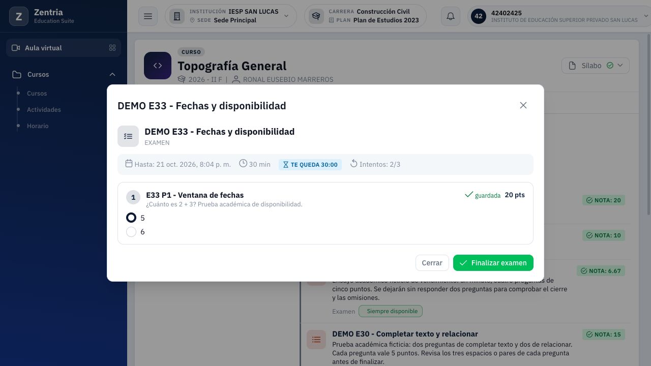 Segundo intento iniciado dentro del plazo: respuesta guardada, 2/3 y cronómetro de treinta minutos.