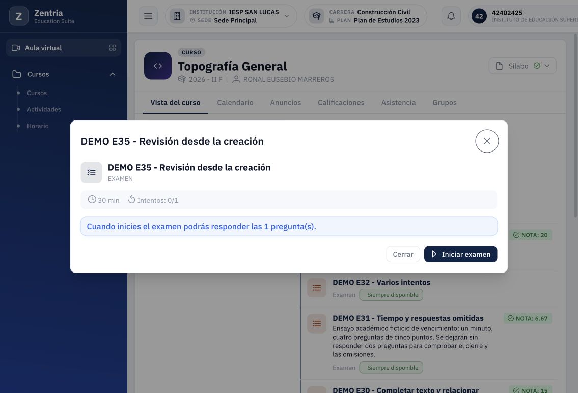 E35 antes de iniciar: cero de uno y aviso de una pregunta; todavía no se muestran alternativas ni nota.