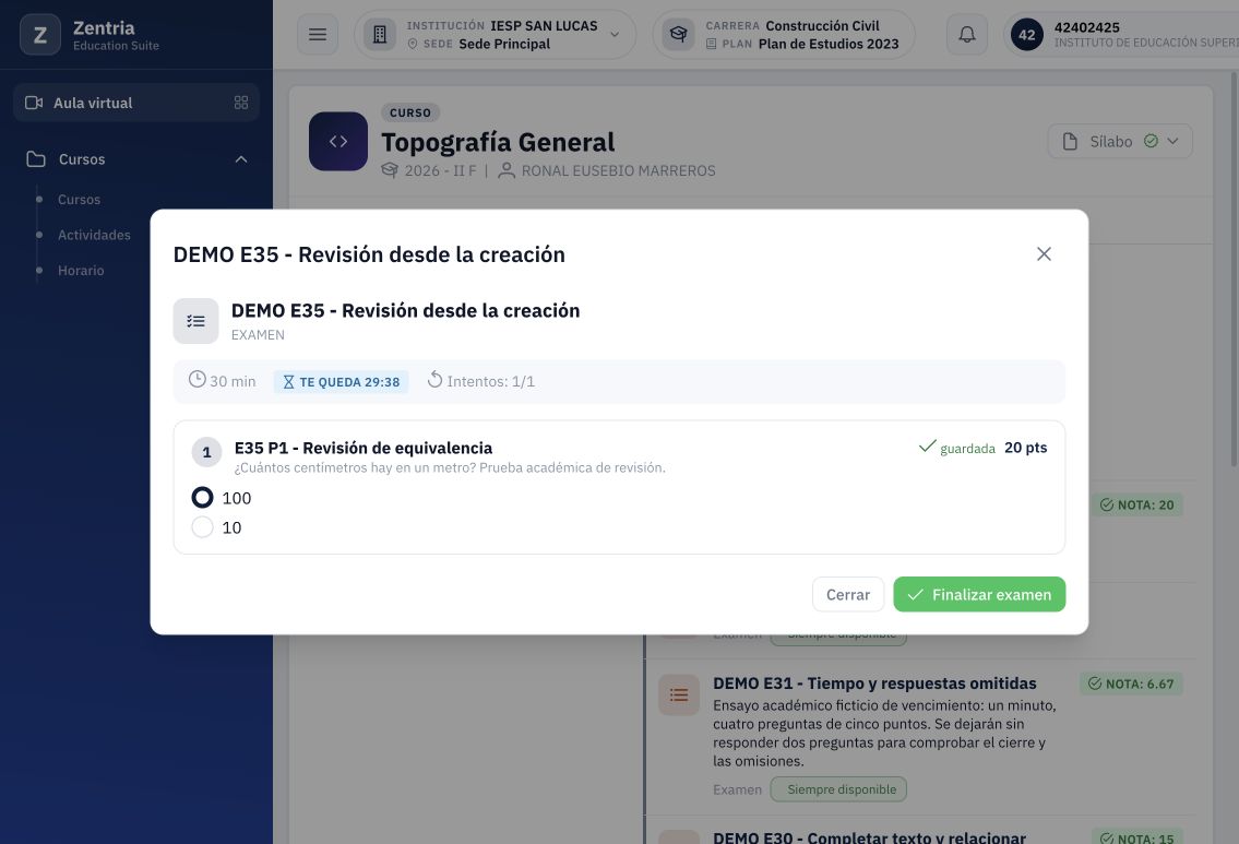 E35 en proceso: cien seleccionada y guardada; veinte puntos expresa el máximo, sin resultado Correcta todavía.