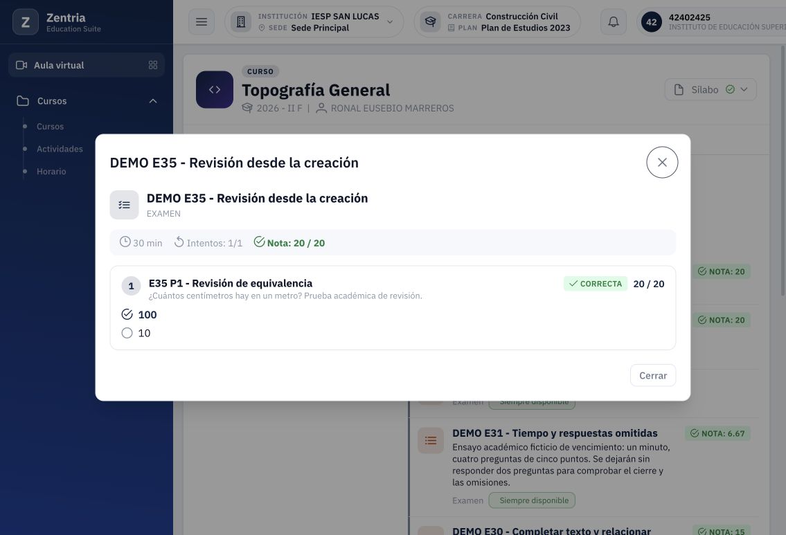 Consulta de E35 después de recargar: nota y selección conservadas, sin controles para modificar el intento.