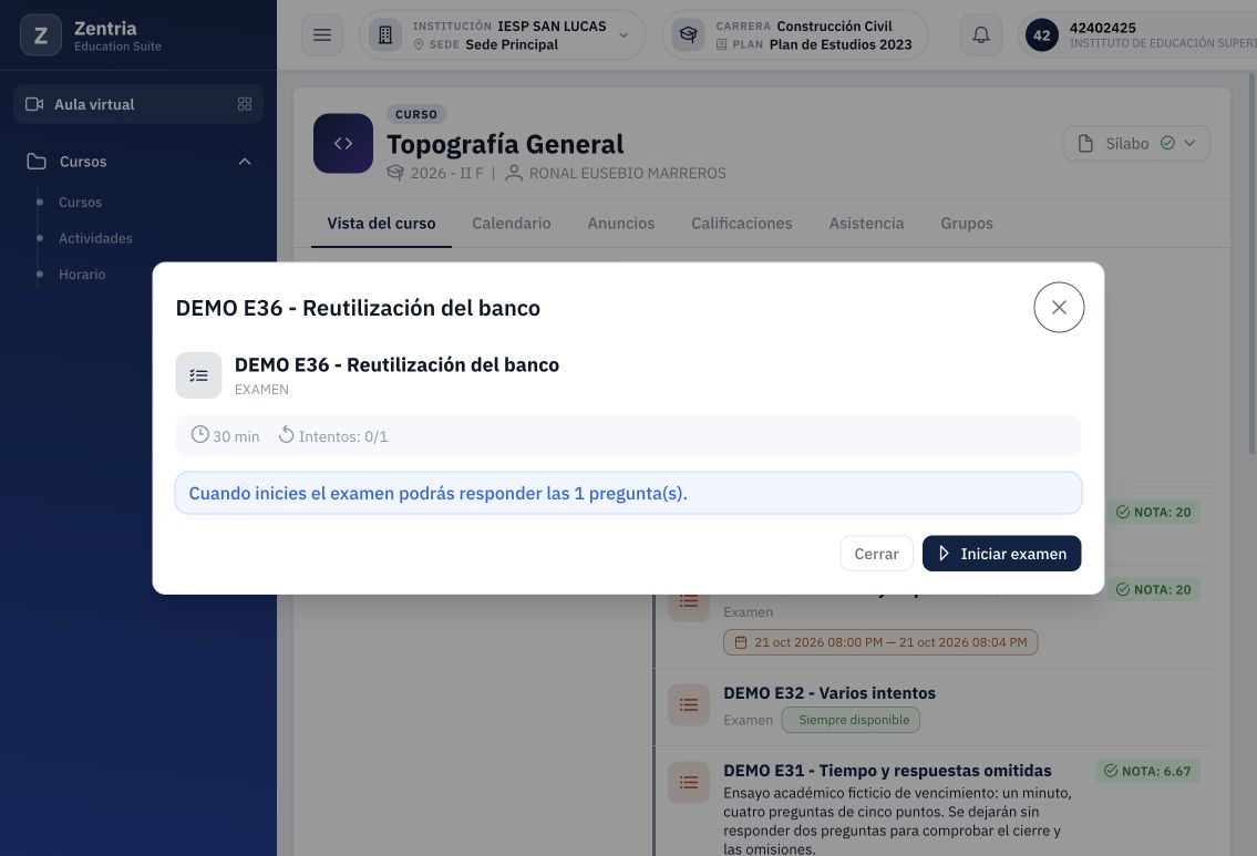 E36 publicado: pantalla previa del alumno con cero de uno y treinta minutos antes de rendir.