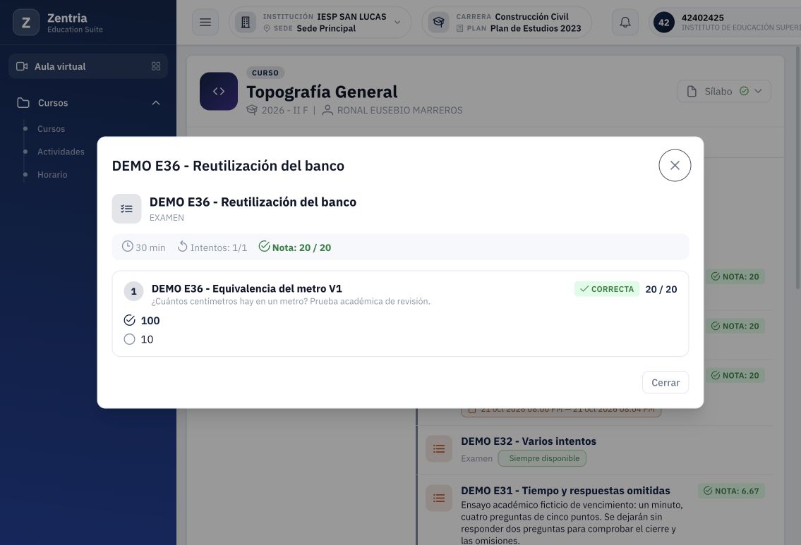 Resultado recargado: E36 conserva V1, selección cien, nota veinte y un intento; consulta en solo lectura.