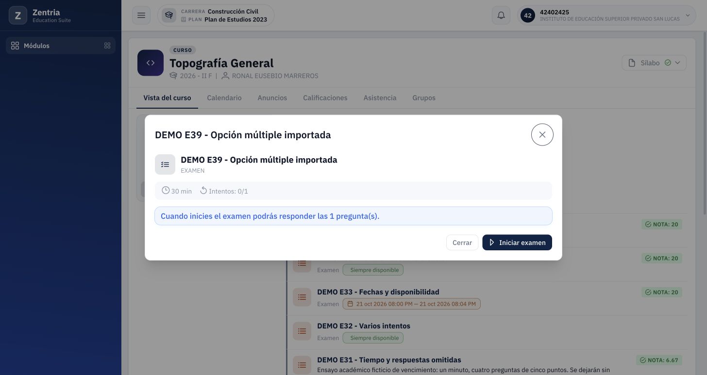 Pantalla previa de E39: treinta minutos, cero de un intento y una pregunta antes de iniciar.
