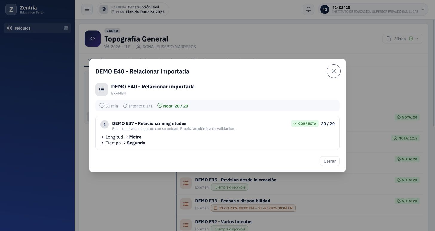 E40 después de recargar: veinte sobre veinte, los dos pares correctos y un intento consumido, en consulta.