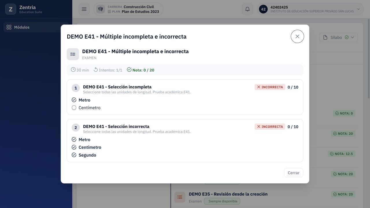 Resultado reabierto: ambas preguntas incorrectas, cero de diez cada una y total cero de veinte persistente.