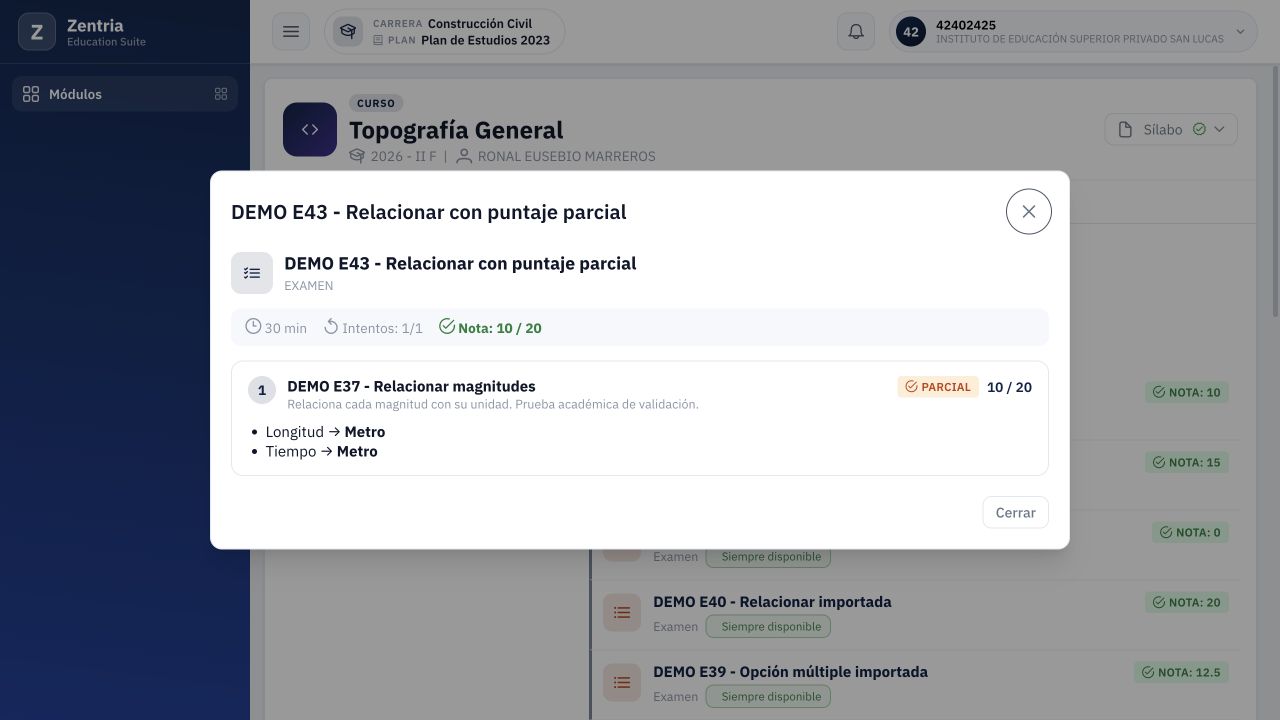 Resultado E43 reabierto después de recargar: diez sobre veinte, parcial y ambas relaciones enviadas.