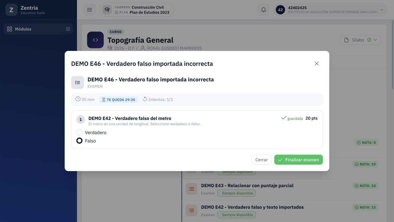 Falso seleccionado con confirmación guardada antes de finalizar el examen de veinte puntos.