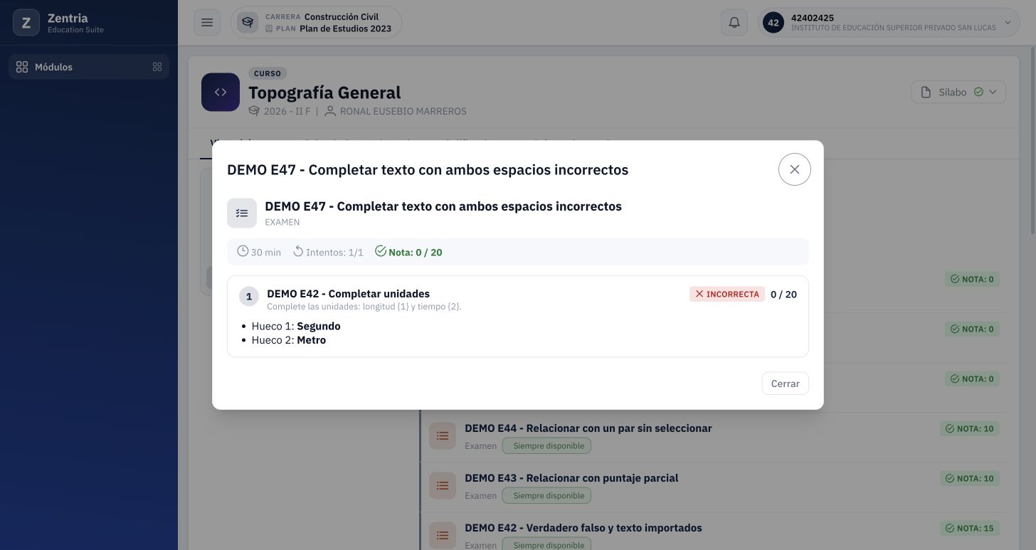 Revisión tras recarga: INCORRECTA 0/20, Hueco 1 Segundo, Hueco 2 Metro y un único intento consumido.