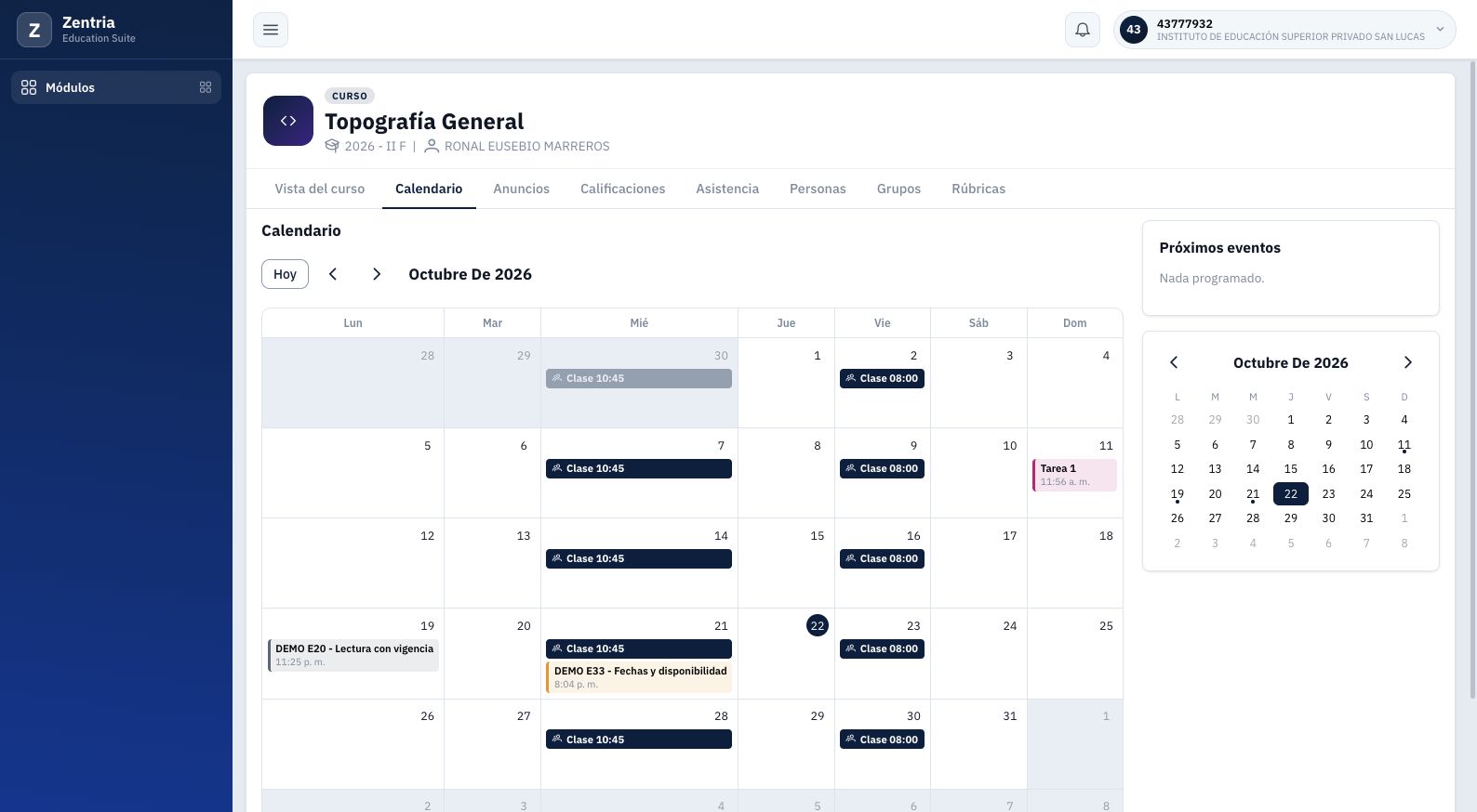 Calendario docente de octubre: tres recursos fechados, clases semanales y Próximos eventos sin elementos.
