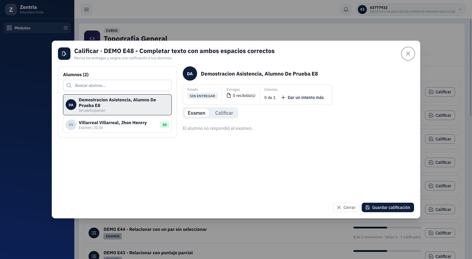 Bandeja de E48 con alumno sin participación: el mensaje específico confirma que no respondió el examen.