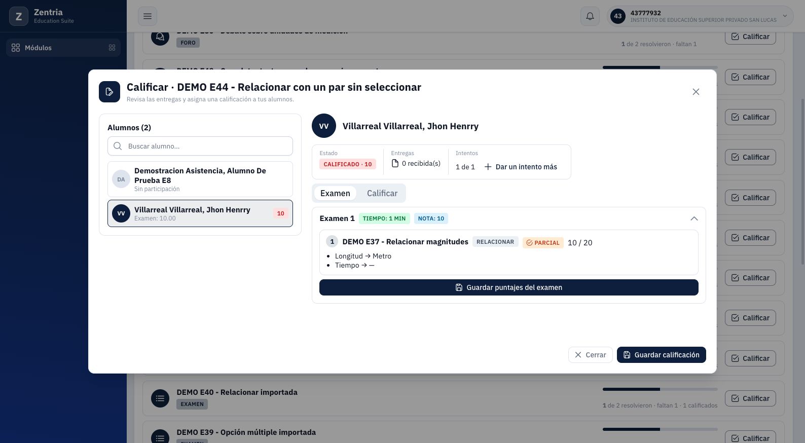E44: nota registrada 10 y resultado PARCIAL por un par sin seleccionar.