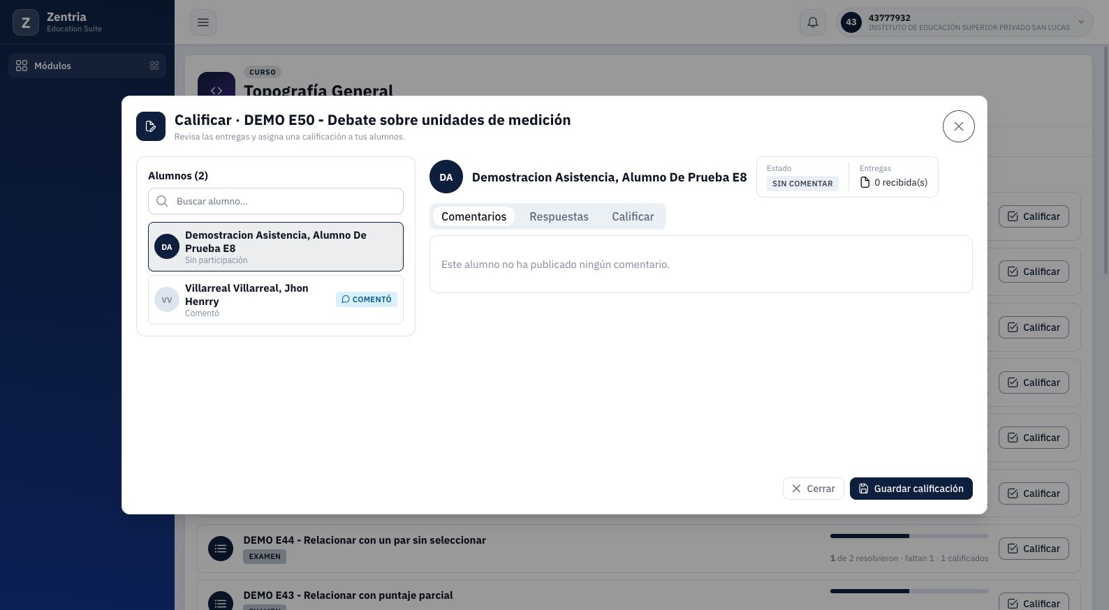 Foro E50: alumno sin comentarios; no existe una nota por el solo hecho de estar matriculado.