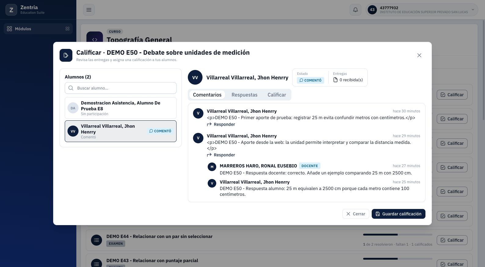 Foro E50 con estado COMENTÓ y mensajes existentes; algunos comentarios muestran etiquetas HTML literales.