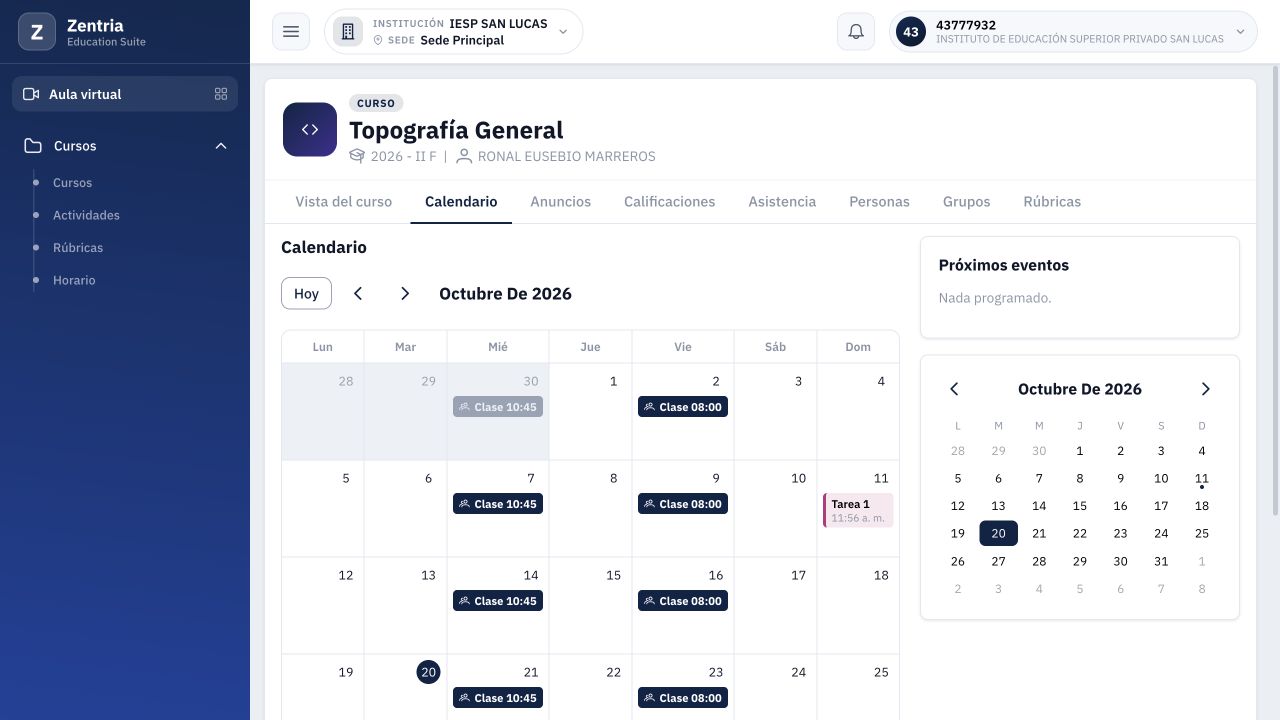 Calendario del mismo curso: la cabecera conserva el nombre y la sección F.
