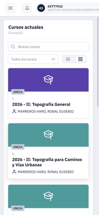 Cursos docentes a 390 píxeles: búsqueda y tarjetas antes de abrir el curso.